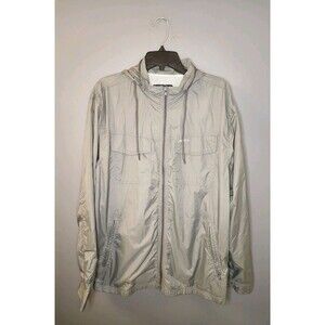 RVCA Windbreaker Rain Jacket Men's XL Gray Hooded Pockets Logo Lightweight Nylon